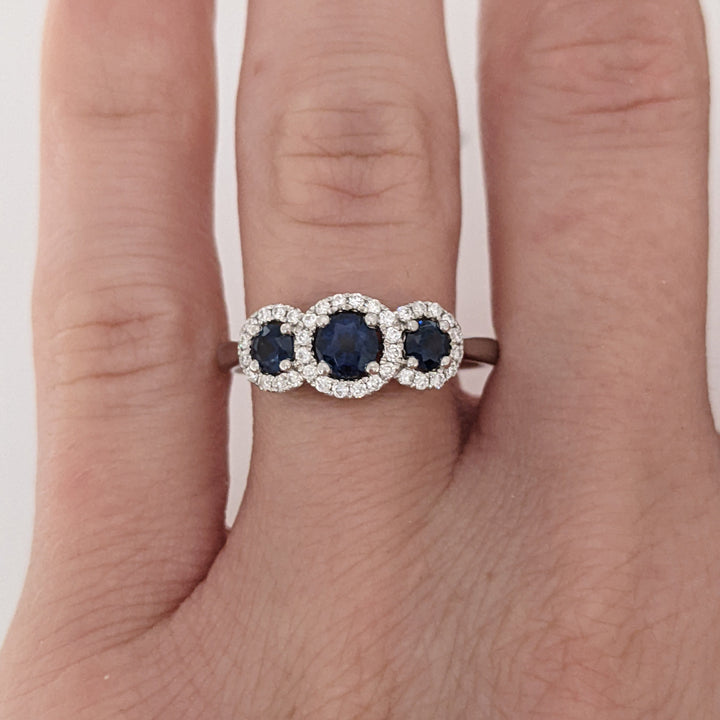 14K WHITE SAPPHIRE ROUND (3) 3-4MM WITH .28 DIAMOND TOTAL WEIGHT ESTATE HALO TRINITY RING 2.9 GRAMS