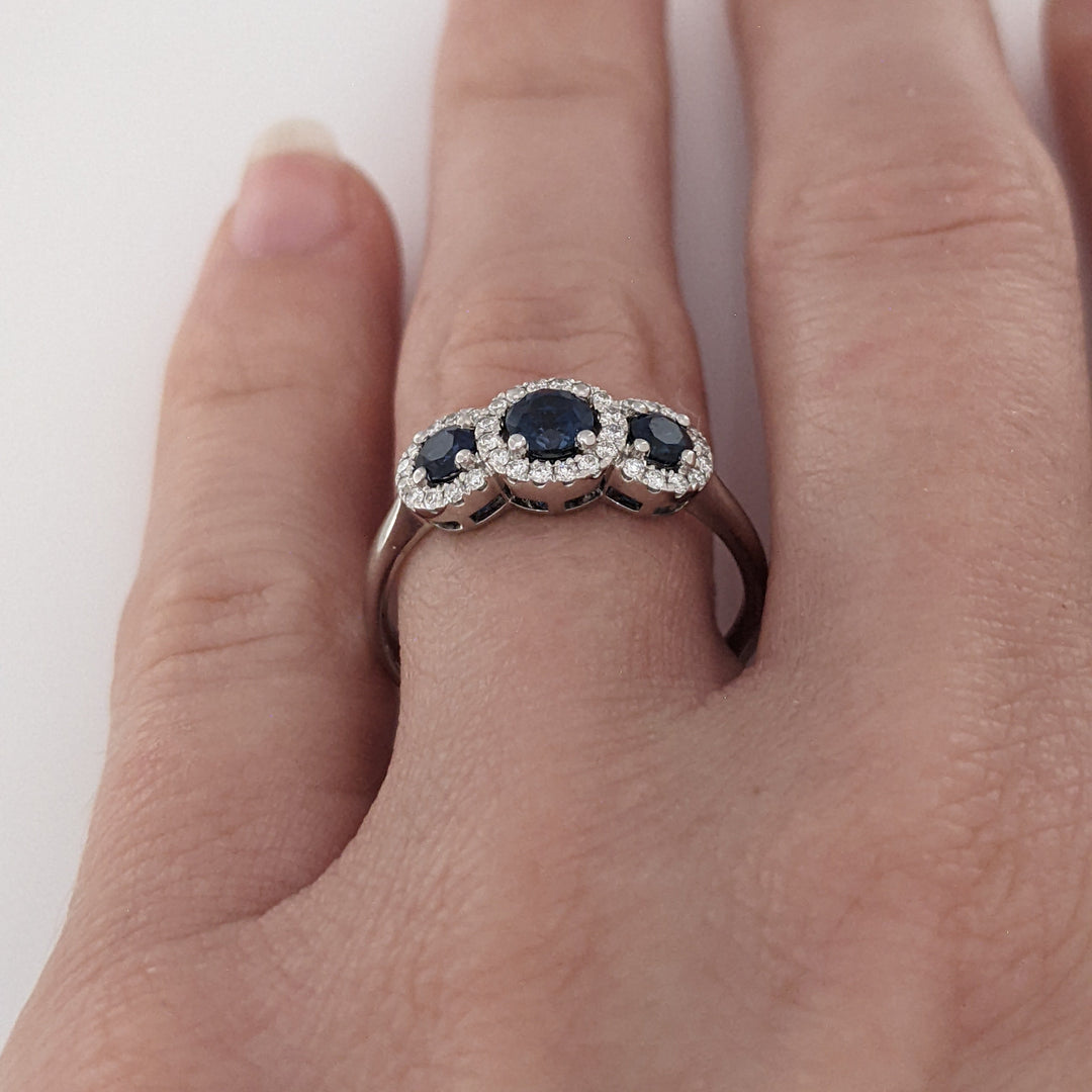 14K WHITE SAPPHIRE ROUND (3) 3-4MM WITH .28 DIAMOND TOTAL WEIGHT ESTATE HALO TRINITY RING 2.9 GRAMS