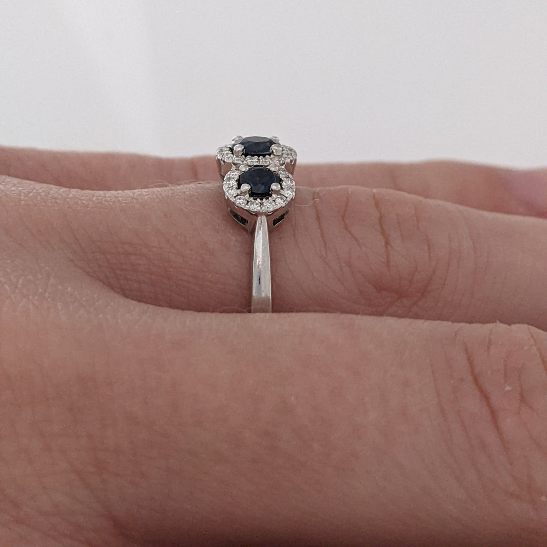 14K WHITE SAPPHIRE ROUND (3) 3-4MM WITH .28 DIAMOND TOTAL WEIGHT ESTATE HALO TRINITY RING 2.9 GRAMS