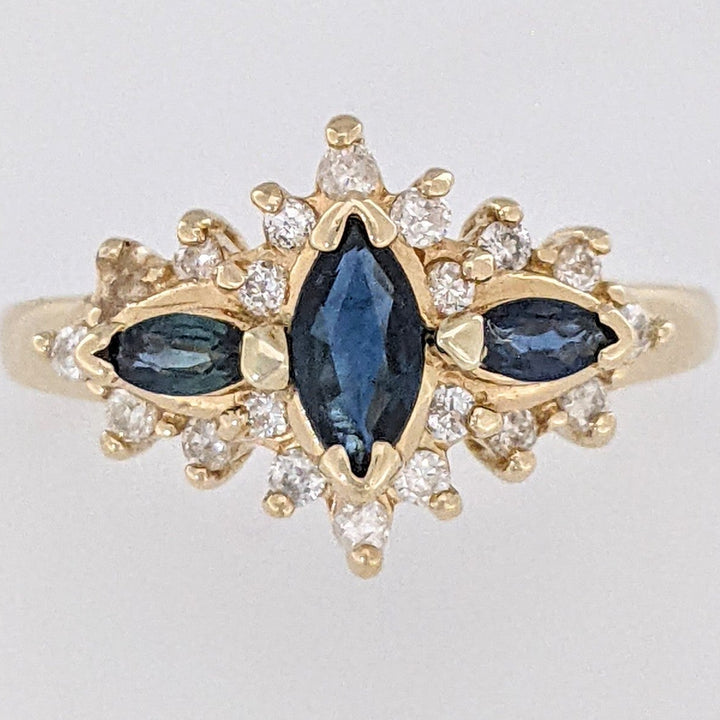 14K SAPPHIRE MARQUISE (3) 3X5- 1.75X3 WTH .20 DIAMOND TOTAL WEIGHT ESTATE RING 2.8 GRAMS