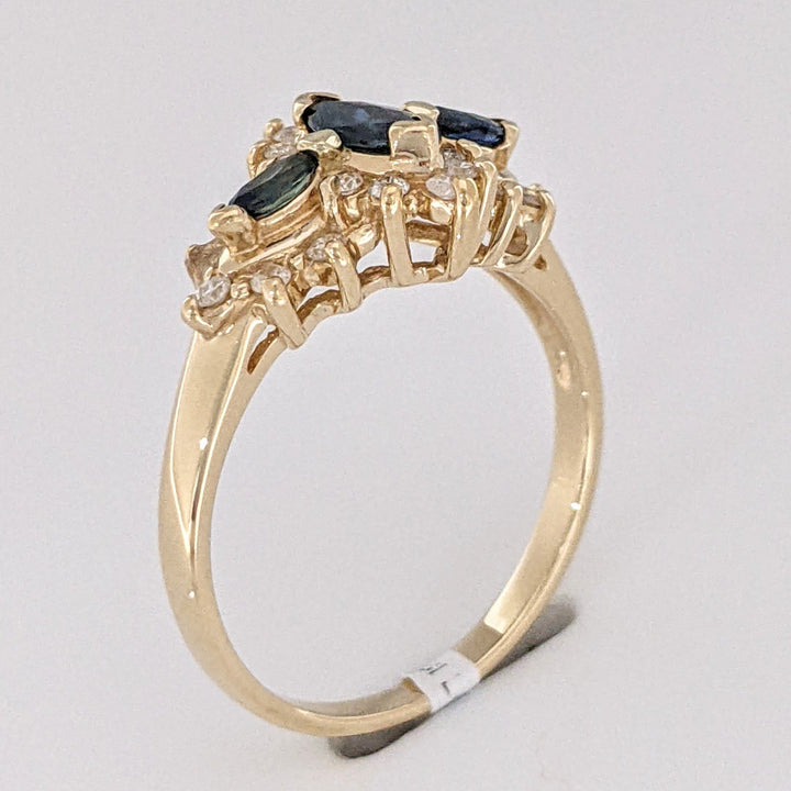 14K SAPPHIRE MARQUISE (3) 3X5- 1.75X3 WTH .20 DIAMOND TOTAL WEIGHT ESTATE RING 2.8 GRAMS