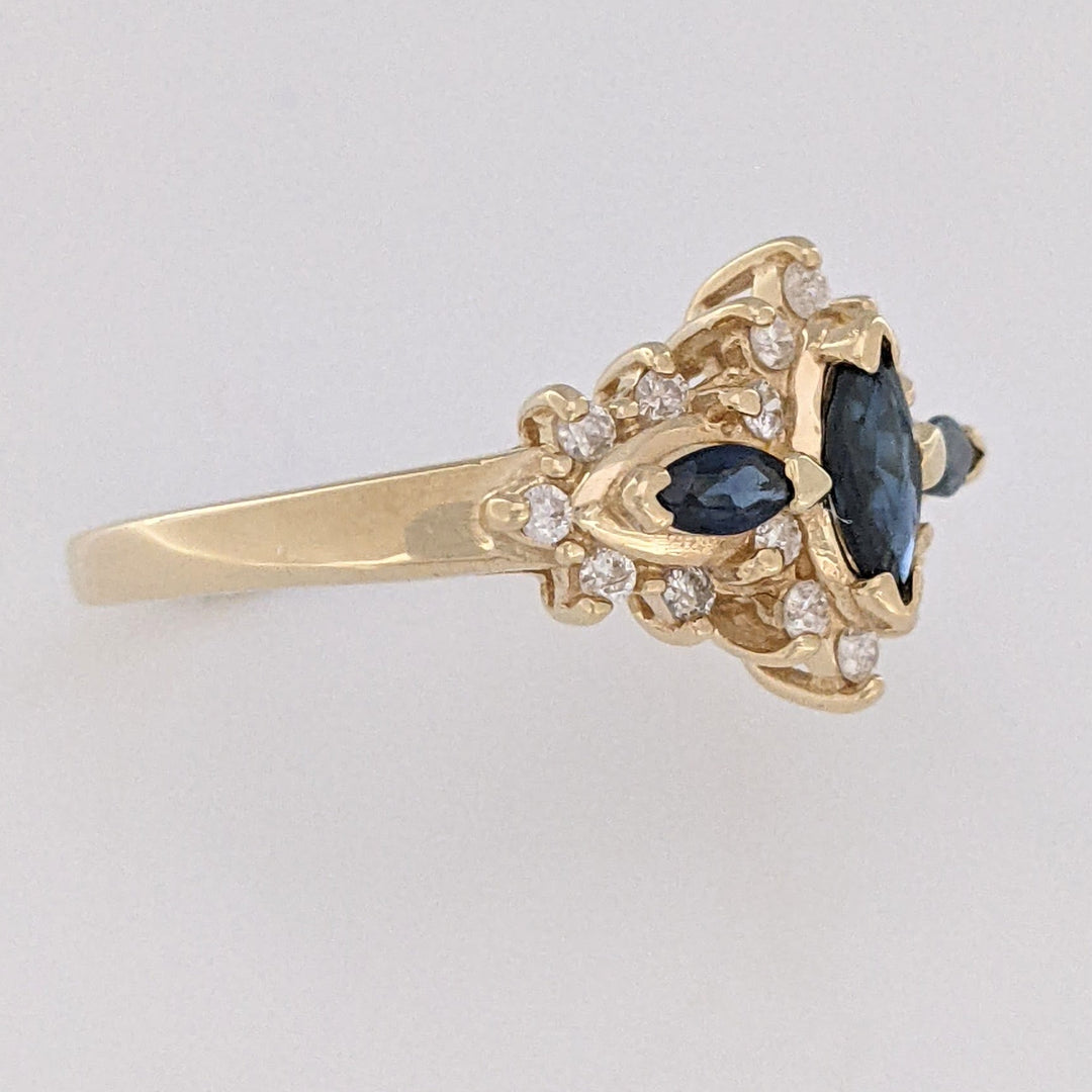 14K SAPPHIRE MARQUISE (3) 3X5- 1.75X3 WTH .20 DIAMOND TOTAL WEIGHT ESTATE RING 2.8 GRAMS