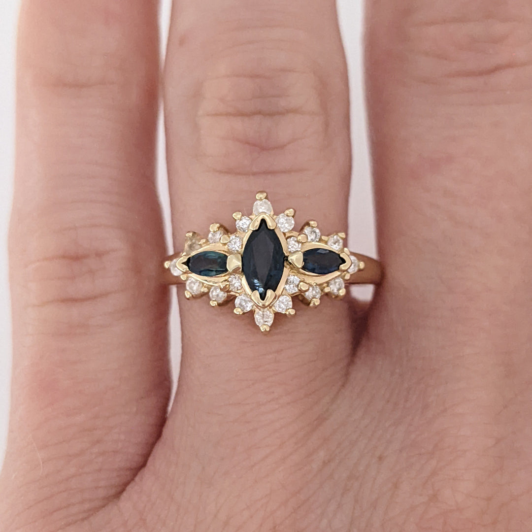 14K SAPPHIRE MARQUISE (3) 3X5- 1.75X3 WTH .20 DIAMOND TOTAL WEIGHT ESTATE RING 2.8 GRAMS
