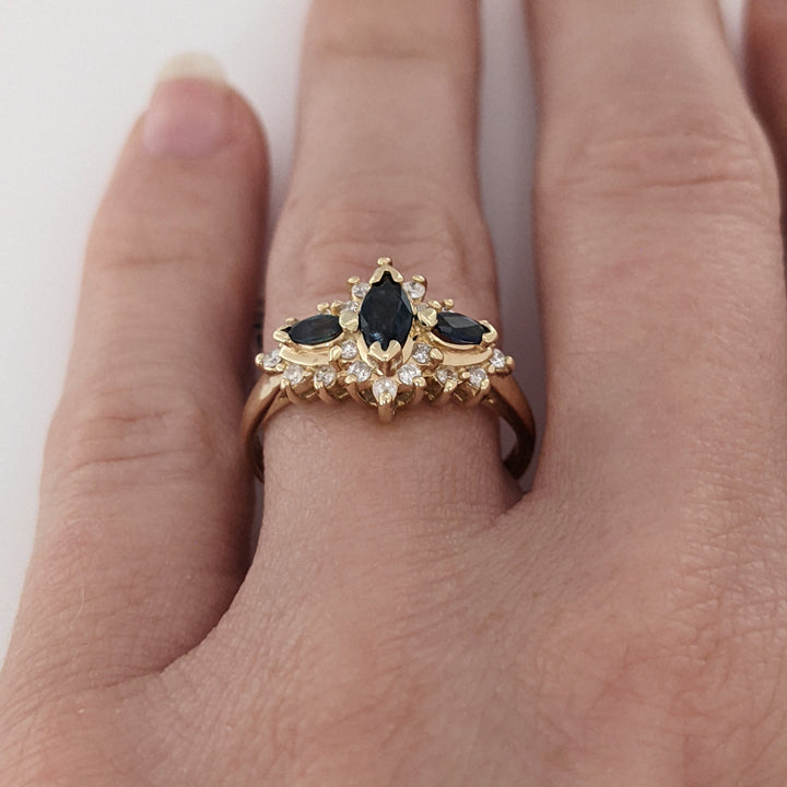 14K SAPPHIRE MARQUISE (3) 3X5- 1.75X3 WTH .20 DIAMOND TOTAL WEIGHT ESTATE RING 2.8 GRAMS
