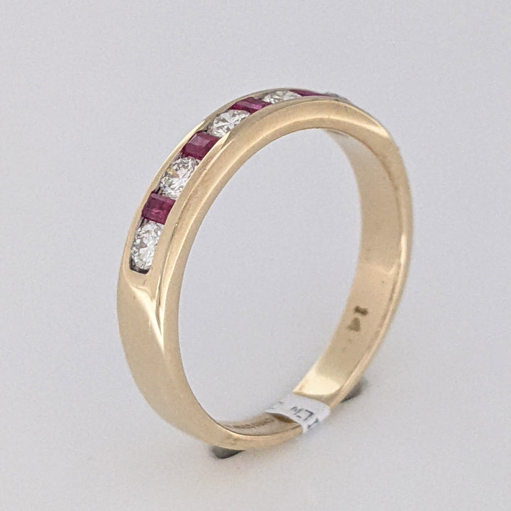 14K RUBY PRINCESS CUT 2MM WITH .25 DIAMOND TOTAL WEIGHT CHANNEL-SET ESTATE BAND 3.3 GRAMS