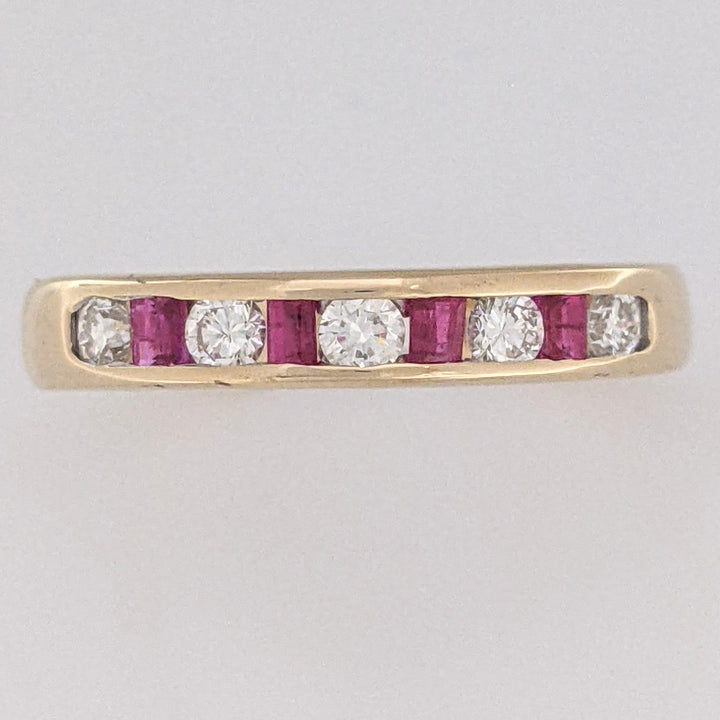 14K RUBY PRINCESS CUT 2MM WITH .25 DIAMOND TOTAL WEIGHT CHANNEL-SET ESTATE BAND 3.3 GRAMS
