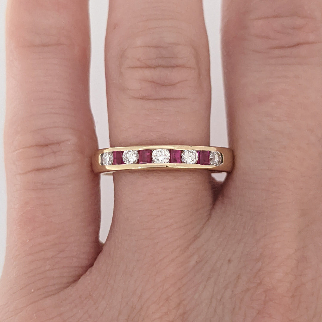 14K RUBY PRINCESS CUT 2MM WITH .25 DIAMOND TOTAL WEIGHT CHANNEL-SET ESTATE BAND 3.3 GRAMS