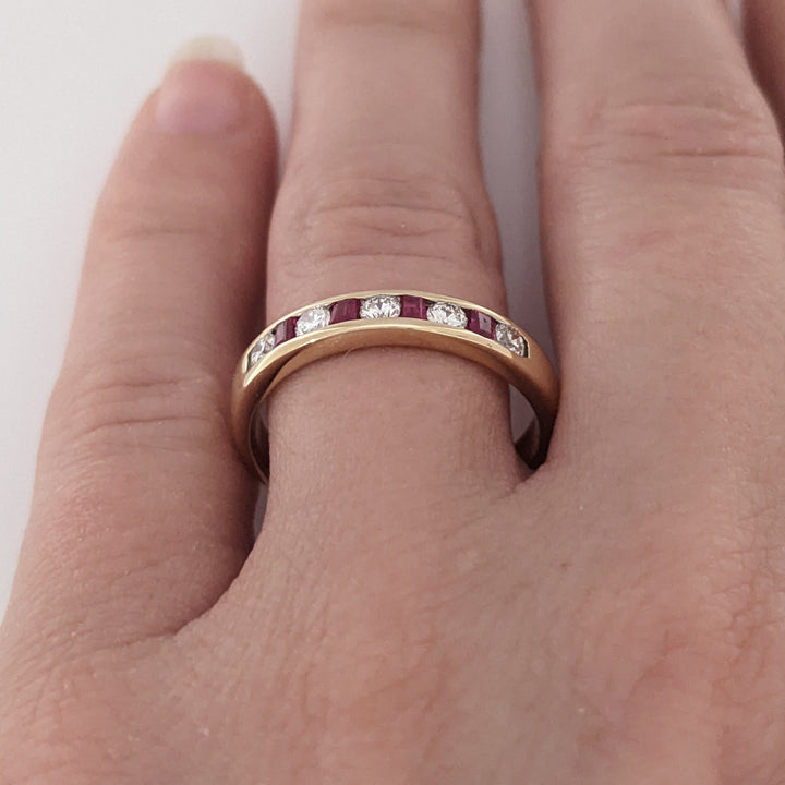 14K RUBY PRINCESS CUT 2MM WITH .25 DIAMOND TOTAL WEIGHT CHANNEL-SET ESTATE BAND 3.3 GRAMS