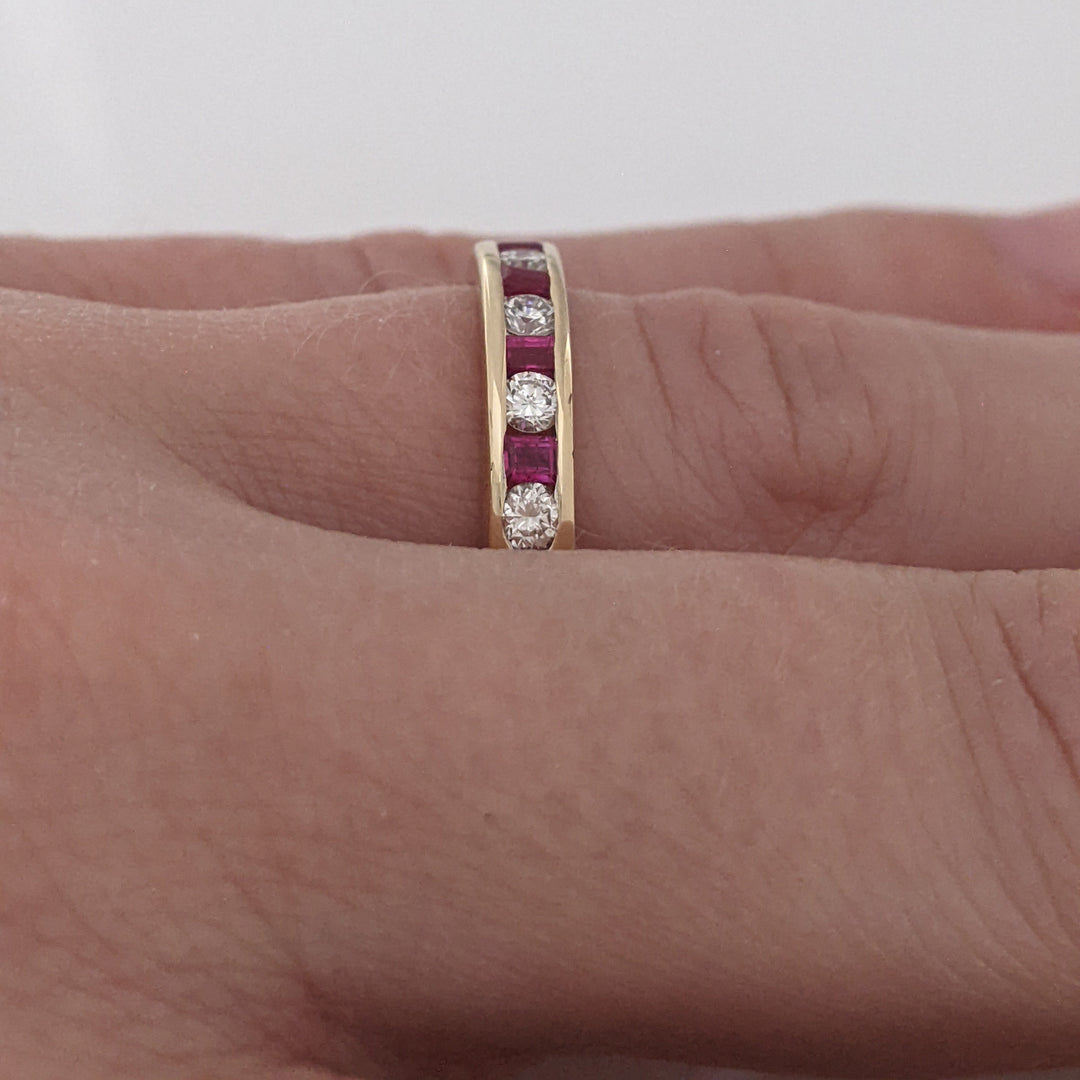 14K RUBY PRINCESS CUT 2MM WITH .25 DIAMOND TOTAL WEIGHT CHANNEL-SET ESTATE BAND 3.3 GRAMS