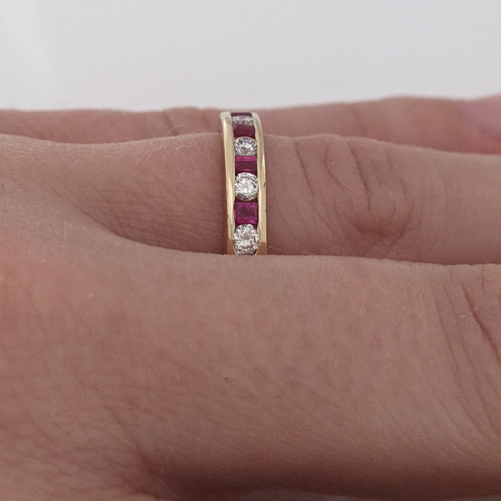 14K RUBY PRINCESS CUT 2MM WITH .25 DIAMOND TOTAL WEIGHT CHANNEL-SET ESTATE BAND 3.3 GRAMS