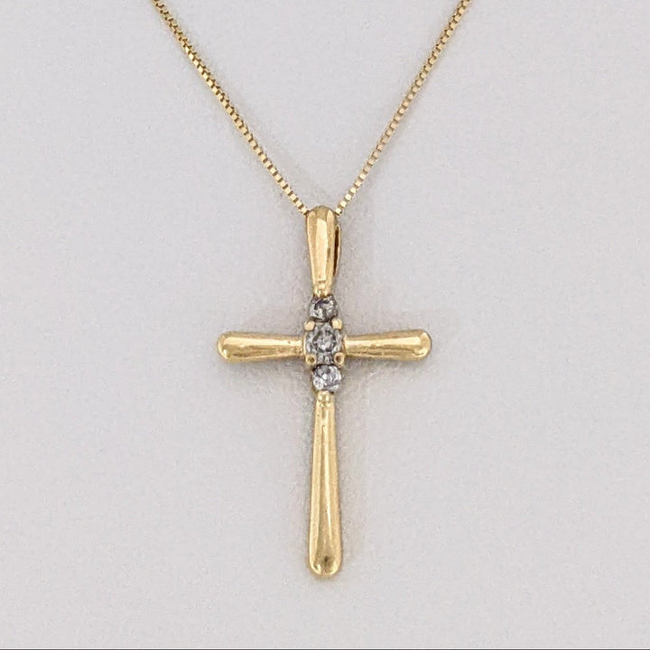 10K DIAMOND ROUND (3) ESTATE CROSS PENDANT & CHAIN 1.7 GRAMS