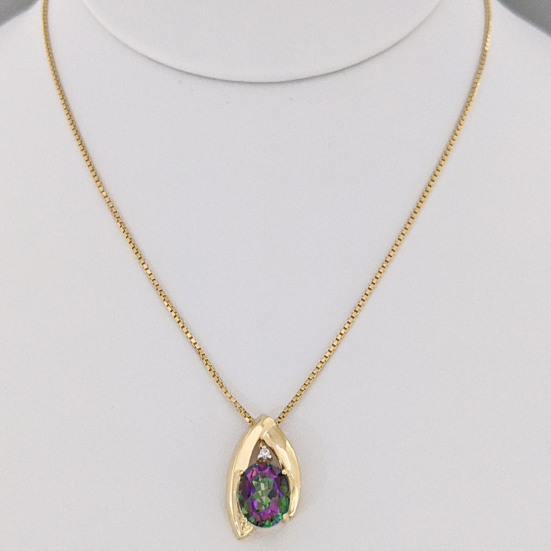 10K MYSTIC TOPAZ OVAL 8X10 WITH MELEE ESTATE PENDANT & 14K CHAIN 5.9 GRAMS
