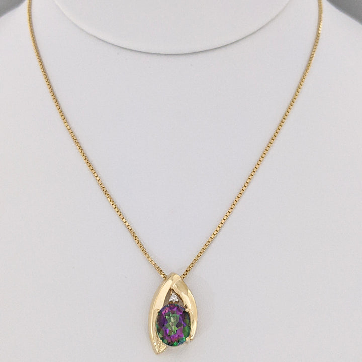 10K MYSTIC TOPAZ OVAL 8X10 WITH MELEE ESTATE PENDANT & 14K CHAIN 5.9 GRAMS