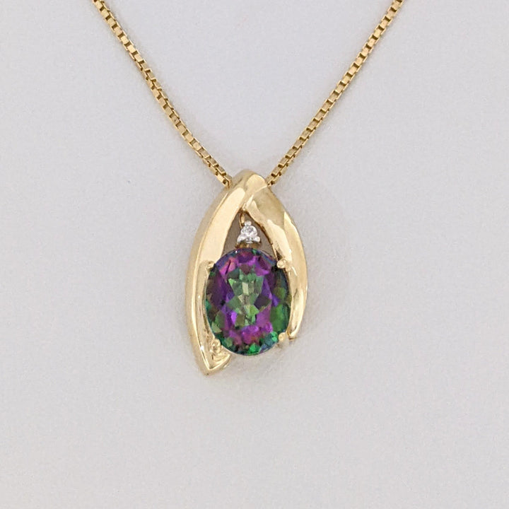 10K MYSTIC TOPAZ OVAL 8X10 WITH MELEE ESTATE PENDANT & 14K CHAIN 5.9 GRAMS