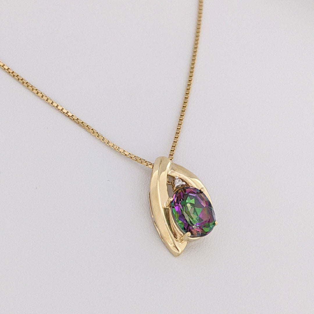 10K MYSTIC TOPAZ OVAL 8X10 WITH MELEE ESTATE PENDANT & 14K CHAIN 5.9 GRAMS