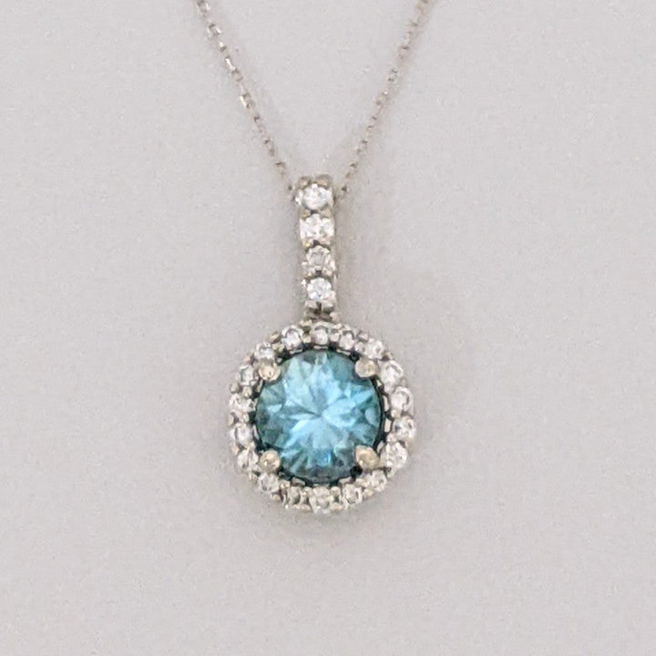 14K WHITE BLUE TOPAZ ROUND 6MM WITH .22 DIAMOND TOTAL WEIGHT ESTATE HALO PENDANT & CHAIN 2.1 GRAMS