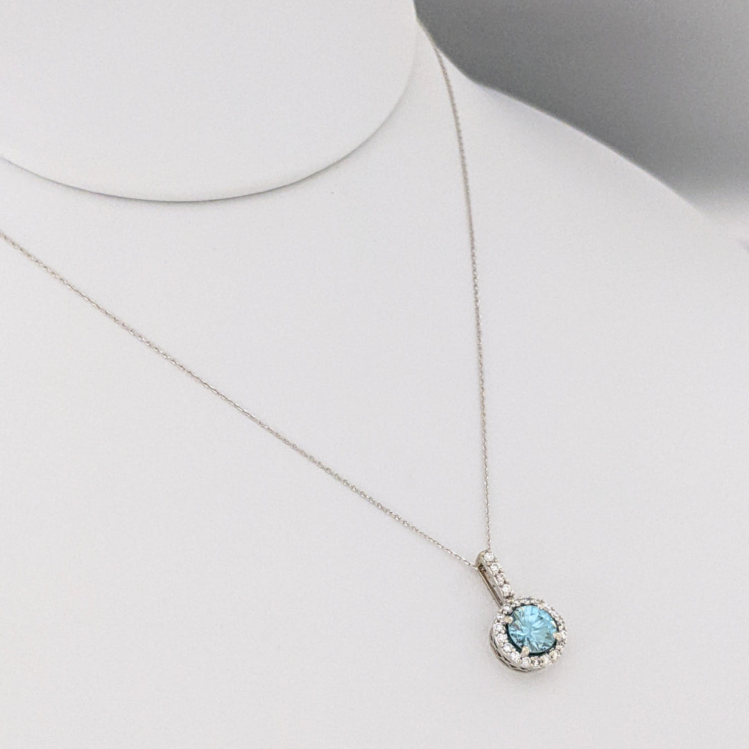 14K WHITE BLUE TOPAZ ROUND 6MM WITH .22 DIAMOND TOTAL WEIGHT ESTATE HALO PENDANT & CHAIN 2.1 GRAMS