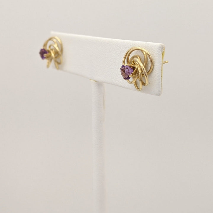 14K AMETHYST ROUND 4MM SWIRL STUD ESTATE EARRINGS 0.9 GRAMS