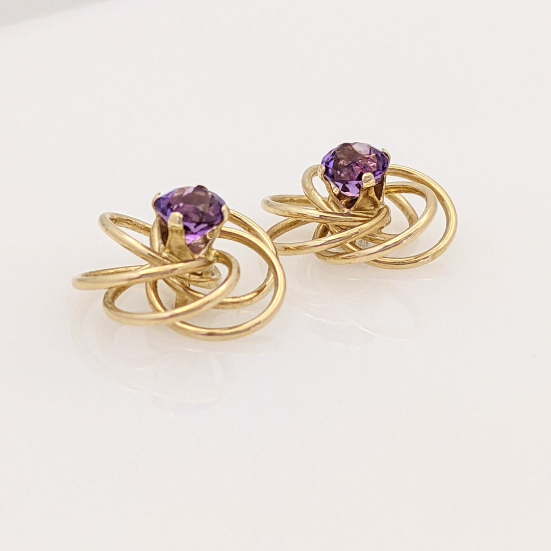14K AMETHYST ROUND 4MM SWIRL STUD ESTATE EARRINGS 0.9 GRAMS