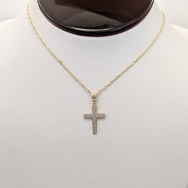 10K DIAMOND ROUND 2-ROW ESTATE CROSS PENDANT & CHAIN 2.1 GRAMS