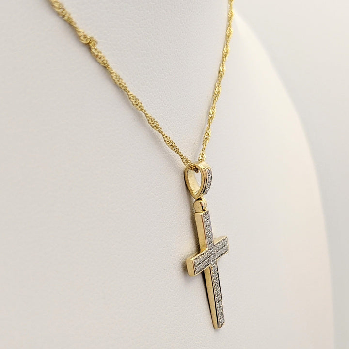 10K DIAMOND ROUND 2-ROW ESTATE CROSS PENDANT & CHAIN 2.1 GRAMS
