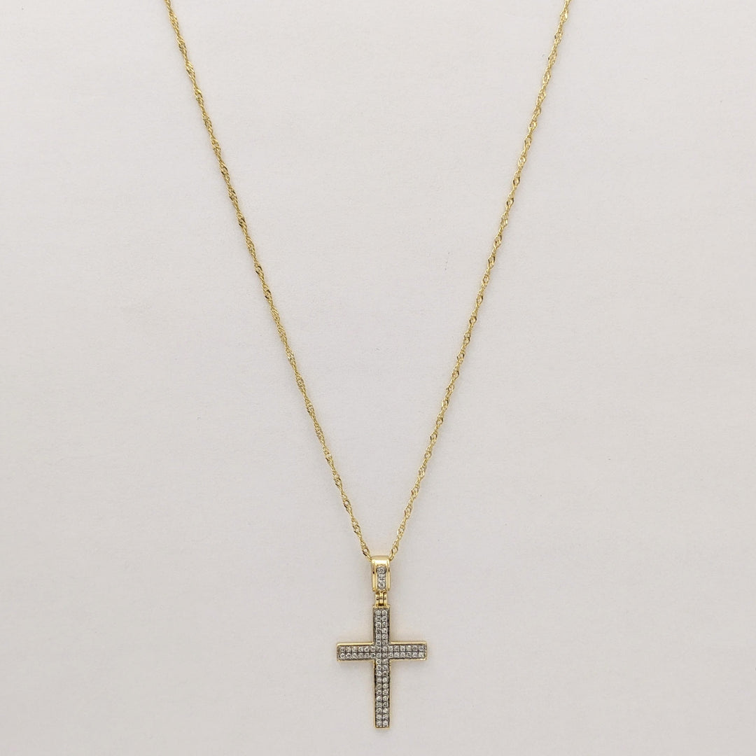 10K DIAMOND ROUND 2-ROW ESTATE CROSS PENDANT & CHAIN 2.1 GRAMS