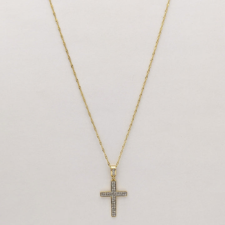 10K DIAMOND ROUND 2-ROW ESTATE CROSS PENDANT & CHAIN 2.1 GRAMS