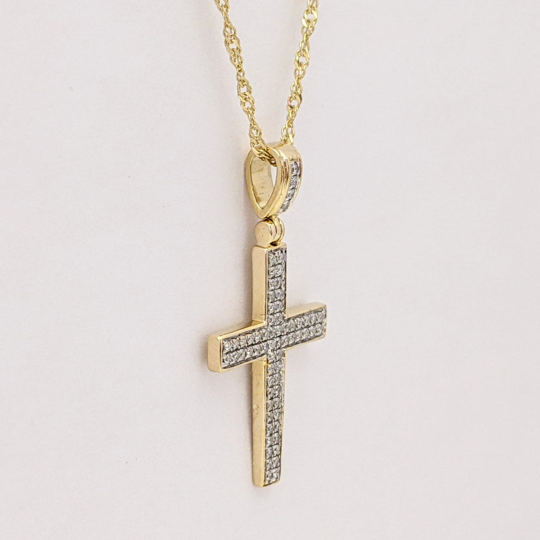 10K DIAMOND ROUND 2-ROW ESTATE CROSS PENDANT & CHAIN 2.1 GRAMS