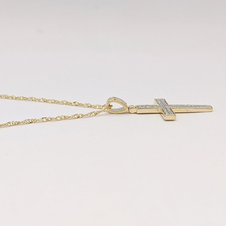 10K DIAMOND ROUND 2-ROW ESTATE CROSS PENDANT & CHAIN 2.1 GRAMS