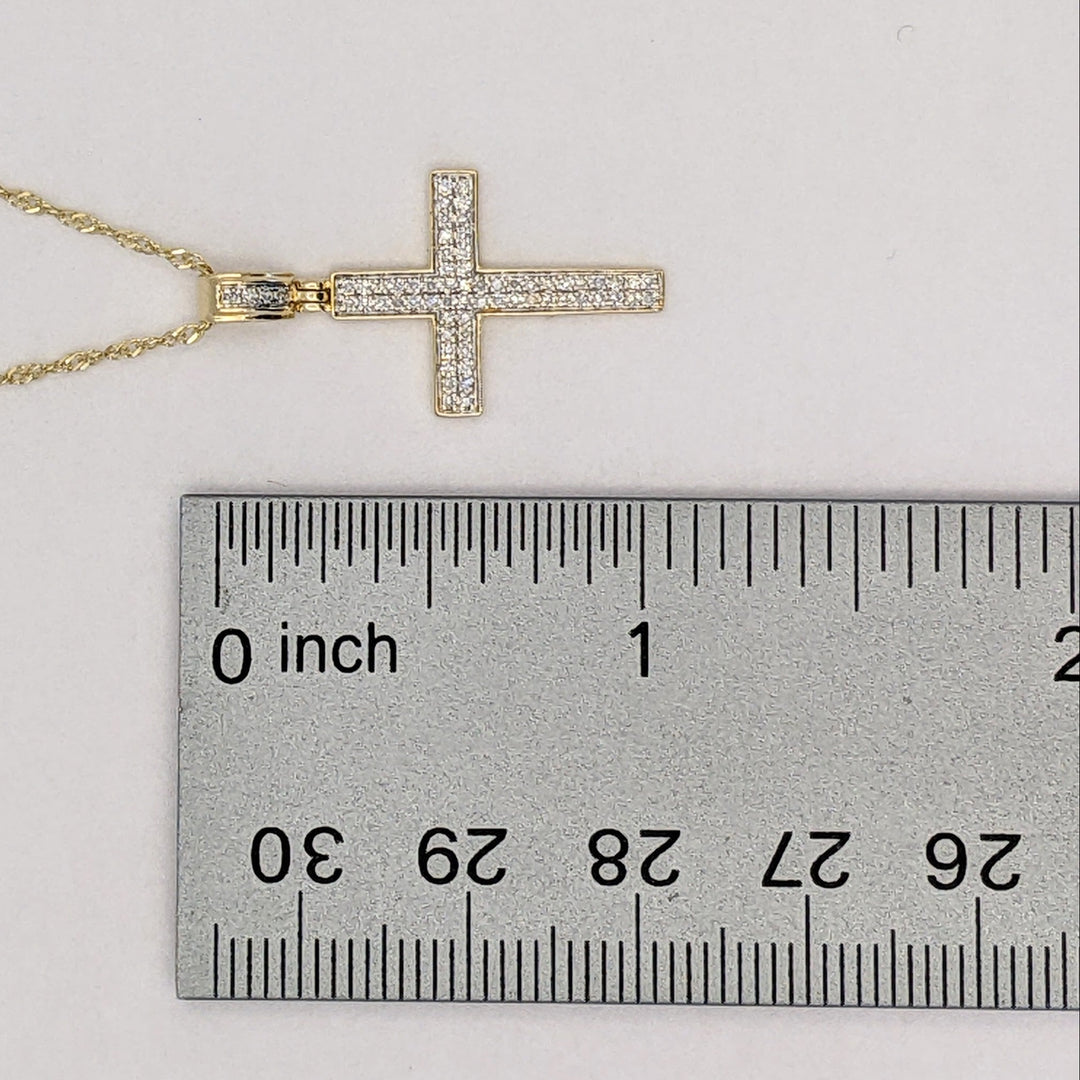 10K DIAMOND ROUND 2-ROW ESTATE CROSS PENDANT & CHAIN 2.1 GRAMS