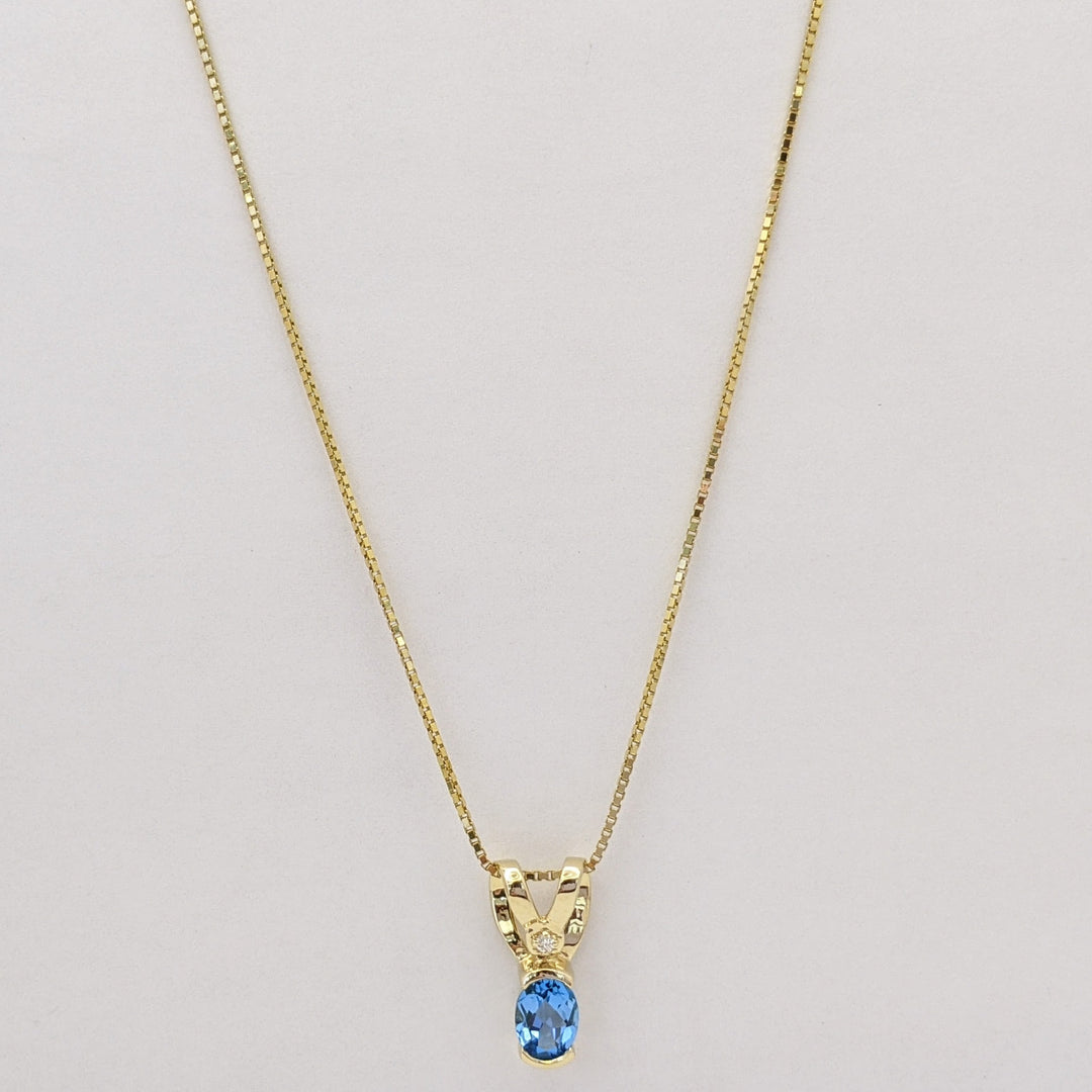 14K BLUE TOPAZ OVAL 6X8 HALF-BEZEL WITH MELEE ESTATE PENDANT & CHAIN 5.1 GRAMS