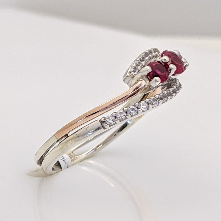 STERLING SILVER/ 10K ROSE GOLD LAB-CREATED RUBY ROUND (3) WITH .12 DIAMOND TOTAL WEIGHT BYPASS ESTATE RING 2.9 GRAMS