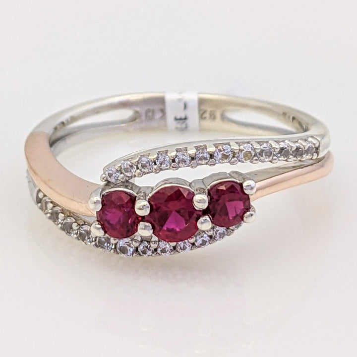 STERLING SILVER/ 10K ROSE GOLD LAB-CREATED RUBY ROUND (3) WITH .12 DIAMOND TOTAL WEIGHT BYPASS ESTATE RING 2.9 GRAMS