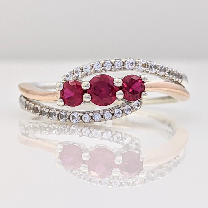 STERLING SILVER/ 10K ROSE GOLD LAB-CREATED RUBY ROUND (3) WITH .12 DIAMOND TOTAL WEIGHT BYPASS ESTATE RING 2.9 GRAMS