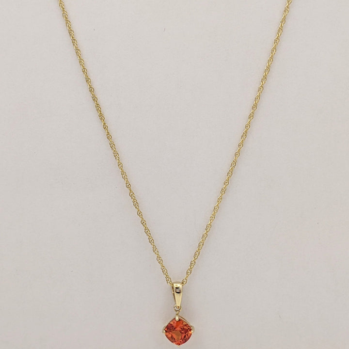 14K LAB-CREATED ORANGE SAPPHIRE CUSHION CUT 6MM ESTATE PENDANT & CHAIN 1.9 GRAMS