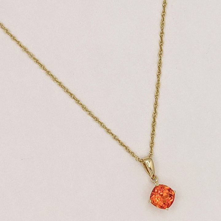 14K LAB-CREATED ORANGE SAPPHIRE CUSHION CUT 6MM ESTATE PENDANT & CHAIN 1.9 GRAMS