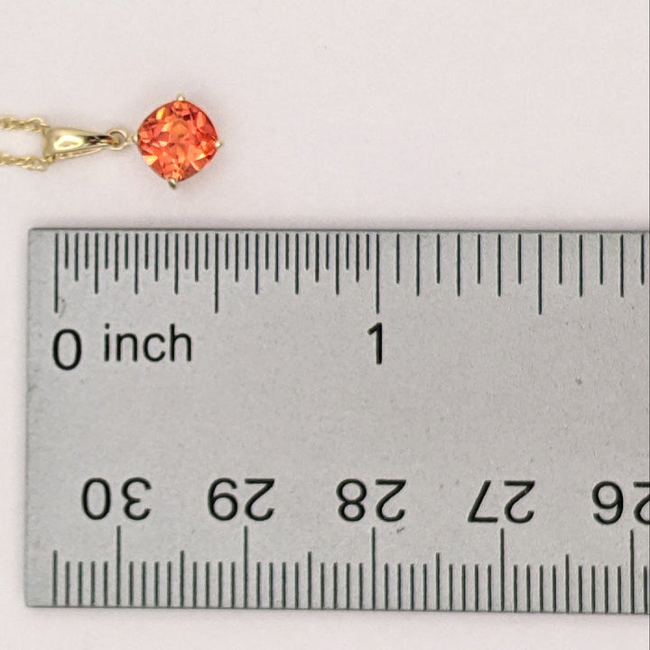 14K LAB-CREATED ORANGE SAPPHIRE CUSHION CUT 6MM ESTATE PENDANT & CHAIN 1.9 GRAMS