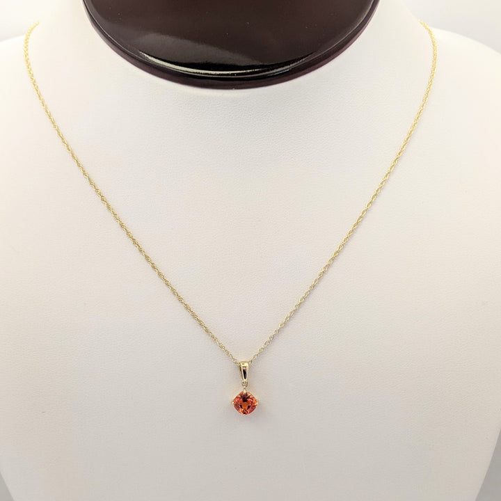 14K LAB-CREATED ORANGE SAPPHIRE CUSHION CUT 6MM ESTATE PENDANT & CHAIN 1.9 GRAMS