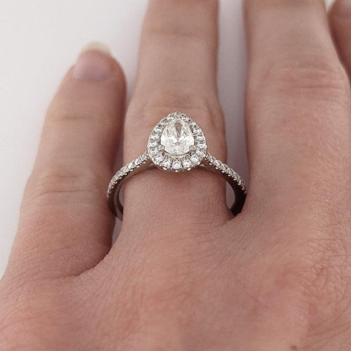 14K WHITE .74 CARAT TOTAL WEIGHT SI1 J DIAMOND PEAR (1) ROUND (46) ESTATE HALO RING 2.7 GRAMS