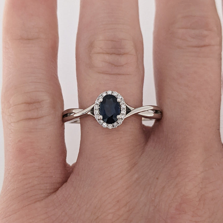 14K WHITE SAPPHIRE OVAL 4X6 WITH .15 DIAMOND TOTAL WEIGHT ESTATE HALO RING 2.7 GRAMS