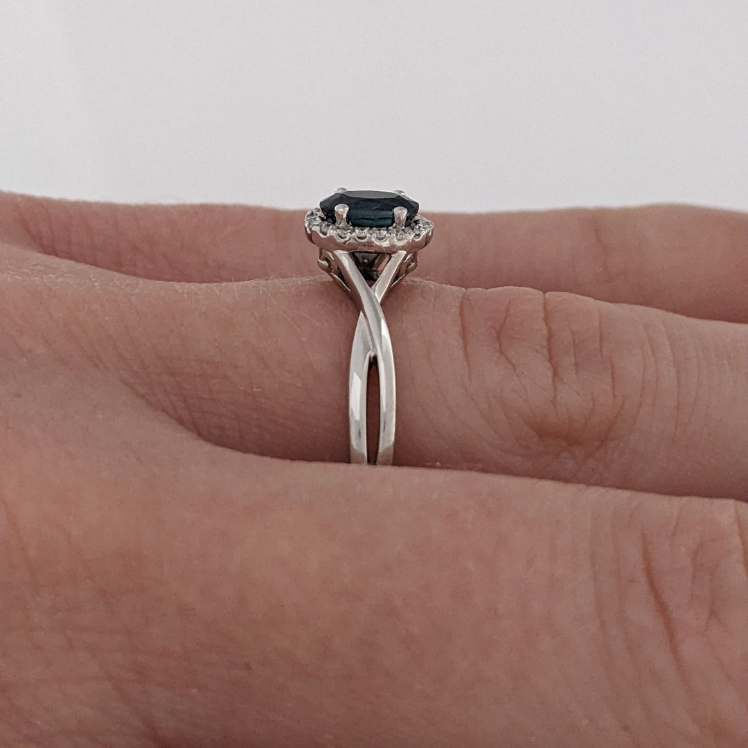 14K WHITE SAPPHIRE OVAL 4X6 WITH .15 DIAMOND TOTAL WEIGHT ESTATE HALO RING 2.7 GRAMS