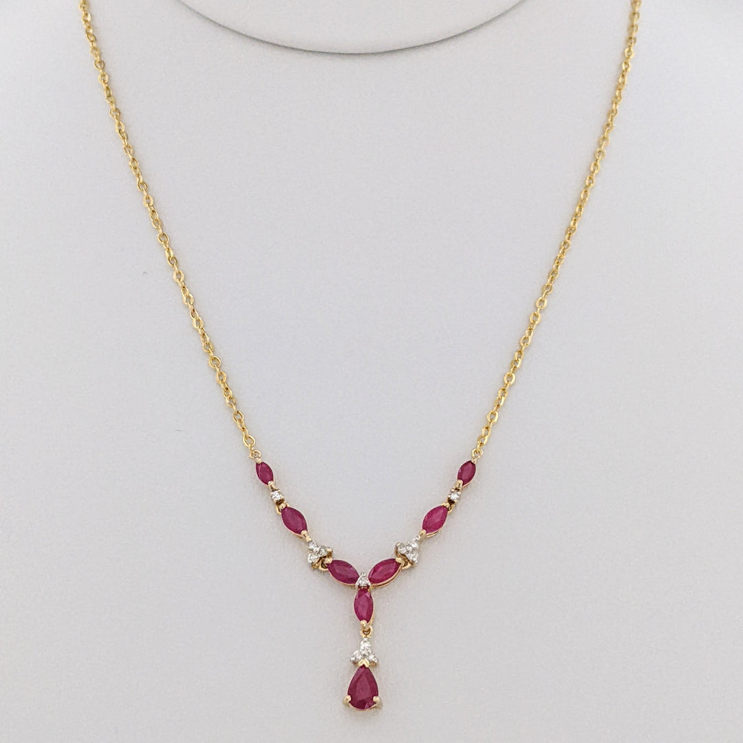 14K RUBY PEAR (1) MARQUISE (7) WITH (11) MELEE ESTATE NECKLACE 2.8 GRAMS