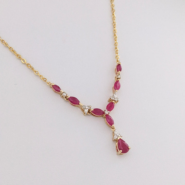 14K RUBY PEAR (1) MARQUISE (7) WITH (11) MELEE ESTATE NECKLACE 2.8 GRAMS