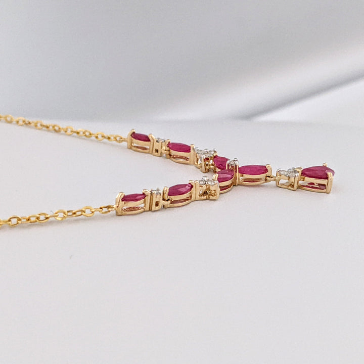 14K RUBY PEAR (1) MARQUISE (7) WITH (11) MELEE ESTATE NECKLACE 2.8 GRAMS