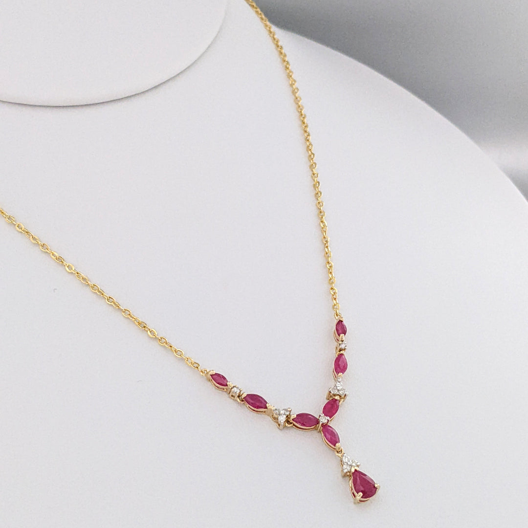 14K RUBY PEAR (1) MARQUISE (7) WITH (11) MELEE ESTATE NECKLACE 2.8 GRAMS