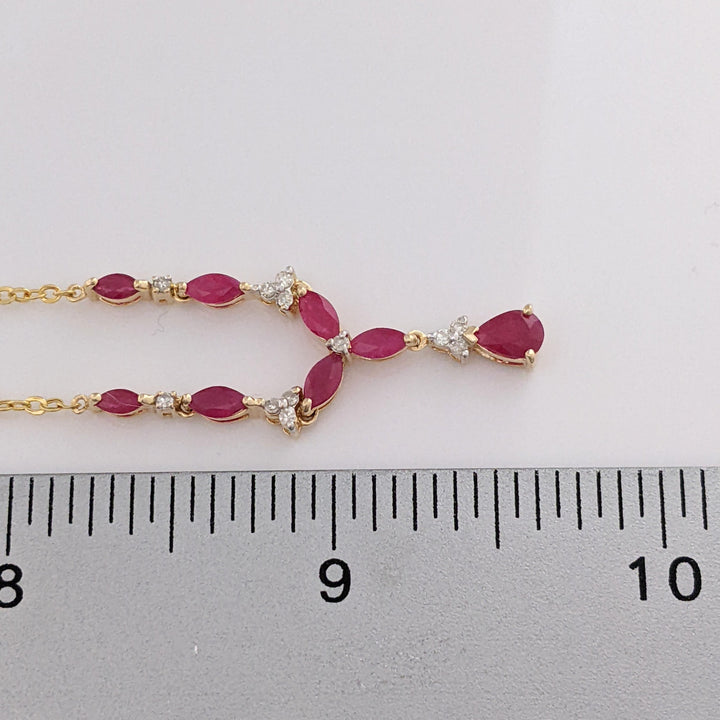 14K RUBY PEAR (1) MARQUISE (7) WITH (11) MELEE ESTATE NECKLACE 2.8 GRAMS