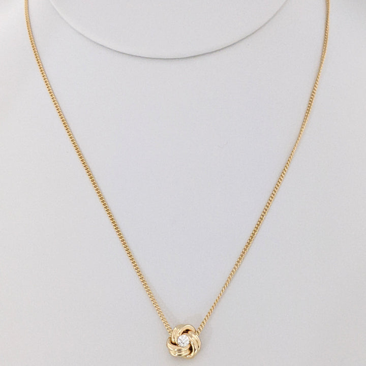 14K .15 CARAT TOTAL DIAMOND ROUND LOVE KNOT ESTATE PENDANT & CHAIN 3.9 GRAMS