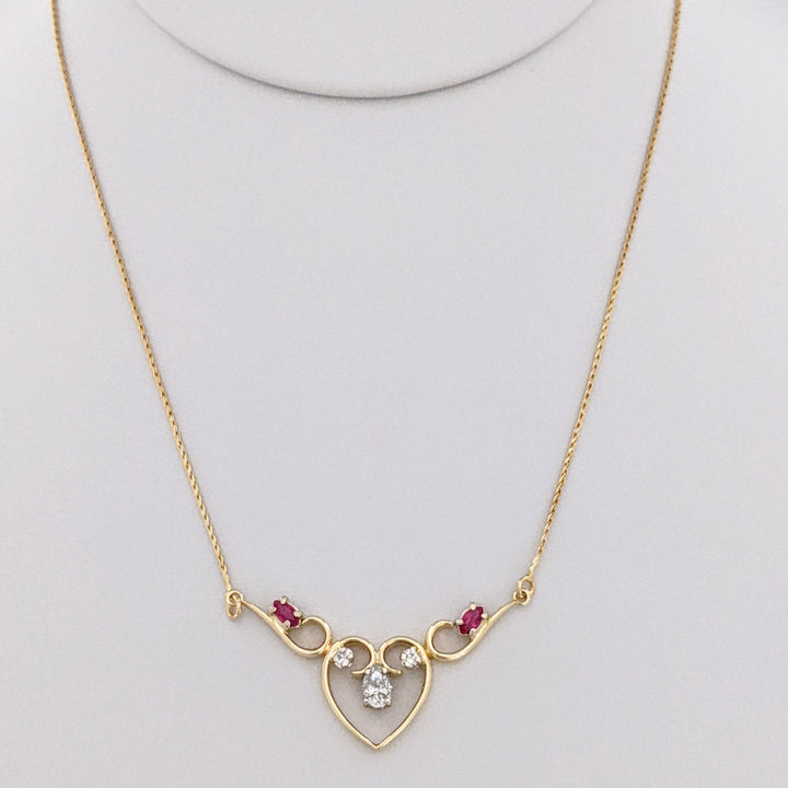 14K .53 CARAT TOTAL WEIGHT DIAMOND PEAR (1) ROUND (2) RUBY MARQUISE ESTATE NECKLACE 4.5 GRAMS