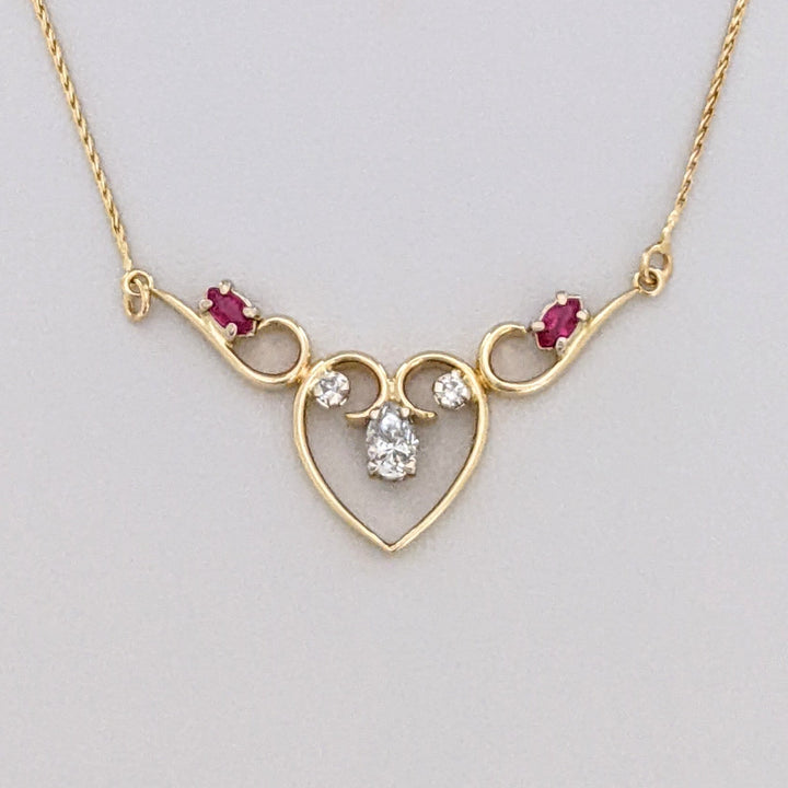 14K .53 CARAT TOTAL WEIGHT DIAMOND PEAR (1) ROUND (2) RUBY MARQUISE ESTATE NECKLACE 4.5 GRAMS