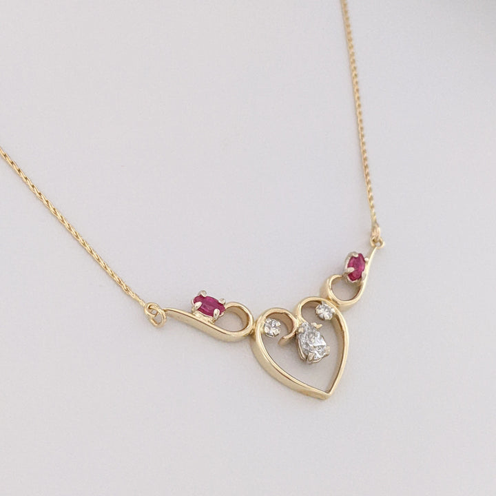 14K .53 CARAT TOTAL WEIGHT DIAMOND PEAR (1) ROUND (2) RUBY MARQUISE ESTATE NECKLACE 4.5 GRAMS